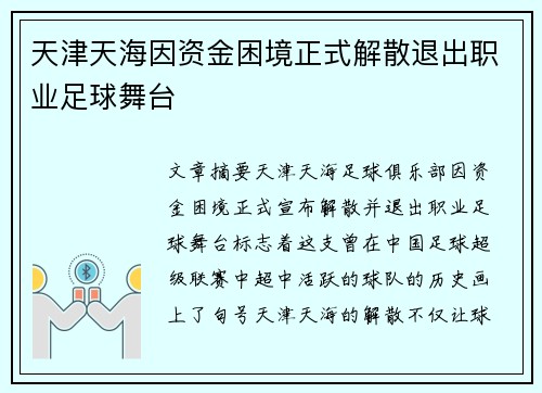 天津天海因资金困境正式解散退出职业足球舞台 天津天海因资金困境正式解散退出职业足球舞台